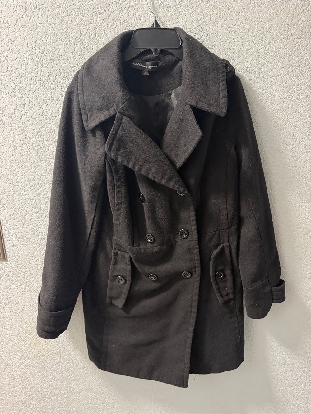 Ambiance Black Double-Breasted Pea Coat with Notch Collar